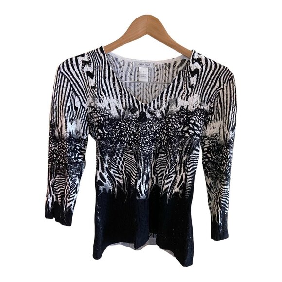 Mona Leah Couture Womens Sweater Small Black White Zebra 3/4 Sleeve VNeck Career - Picture 2 of 11